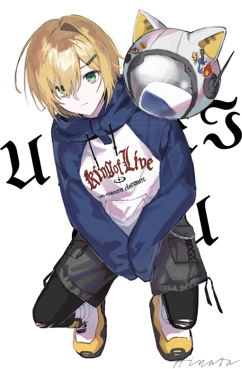 1boy, animal_ear_helmet, animal_ears, animal_helmet, black_leggings, black_shorts, blonde_hair, blue_hood, blue_sleeves, boots, cat_ears, closed_mouth, clothes_writing, drawstring, expressionless, fake_animal_ears, flame_print, full_body, green_eyes, h_i_n_a_t_0714, hair_intakes, hair_ornament, hair_over_one_eye, hairclip, helmet, highres, hood, hood_down, hoodie, invisible_chair, lace-up_boots, leggings, lightning_bolt_print, long_sleeves, looking_at_viewer, male_focus, nijisanji, no_headwear, no_jacket, print_hoodie, raglan_sleeves, shoelaces, short_hair, shorts, signature, sitting, sleeves_past_wrists, solo, space_helmet, sticker, text_background, torn_clothes, torn_leggings, unworn_headwear, unworn_helmet, uzuki_kou, uzuki_kou_(5th_costume), v_arms, virtual_youtuber, wallet_chain, watermark, white_background, white_boots, white_helmet, white_hoodie, wolf_cut