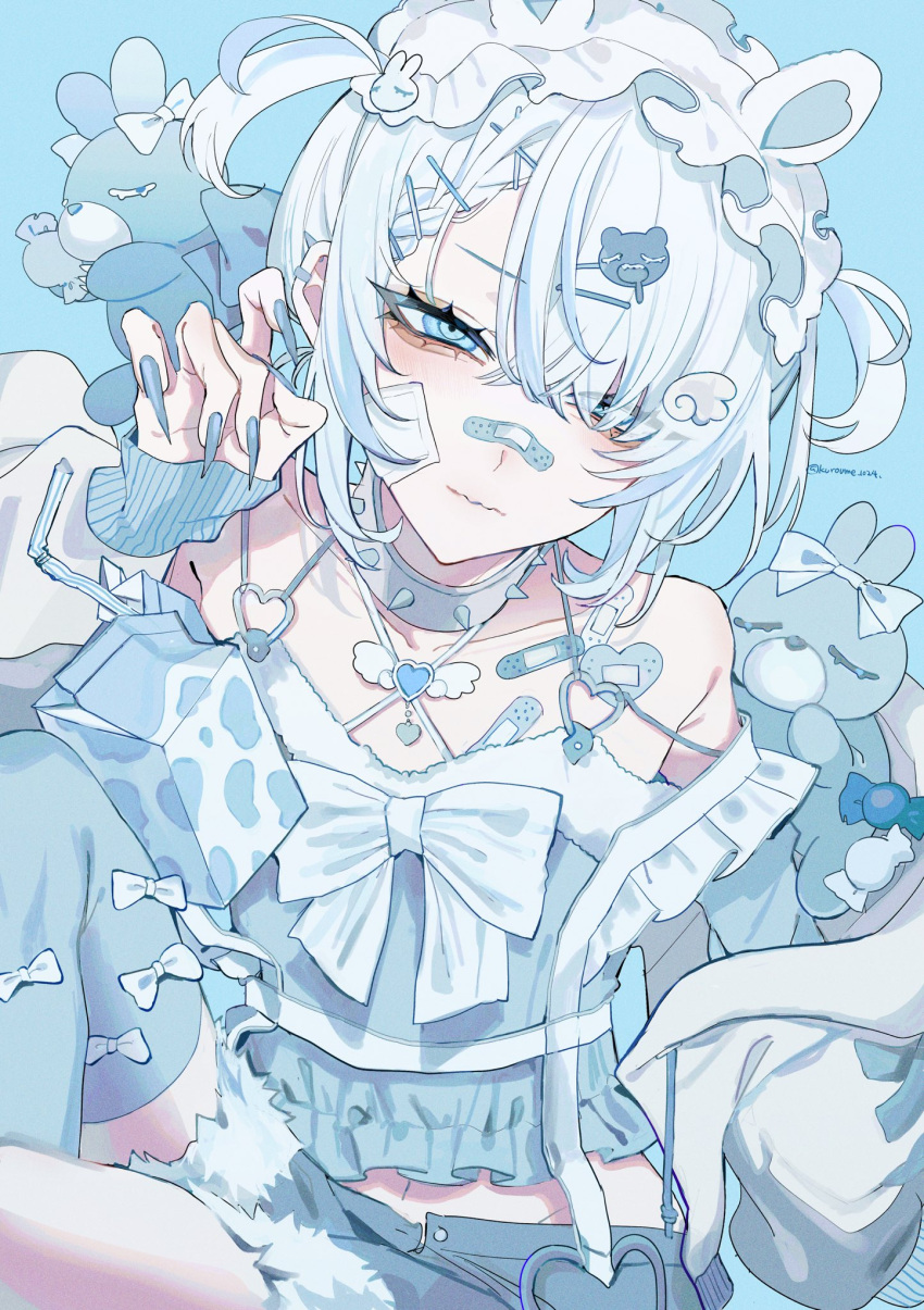 1girl, angel_wings_hair_ornament, bandaid, bandaid_on_face, bandaid_on_nose, blue_background, blue_eyes, blue_nails