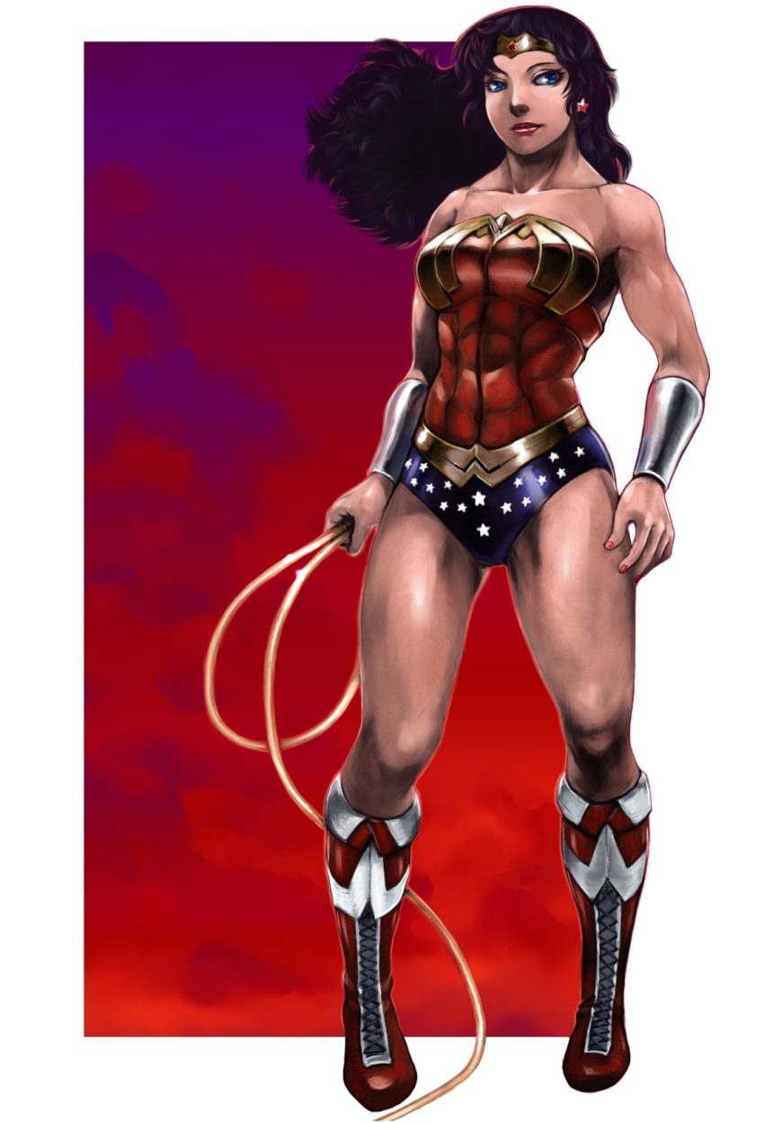 abs, amazon, black_hair, blue_eyes, boots, bracelet, breasts, bustier, dc_comics, earrings, highres, jewelry, lingerie, rope, short_shorts, shorts, smile, superhero, thick_thighs, thighs, underwear, vigwer, wind, wonder_woman, wonder_woman_(series)