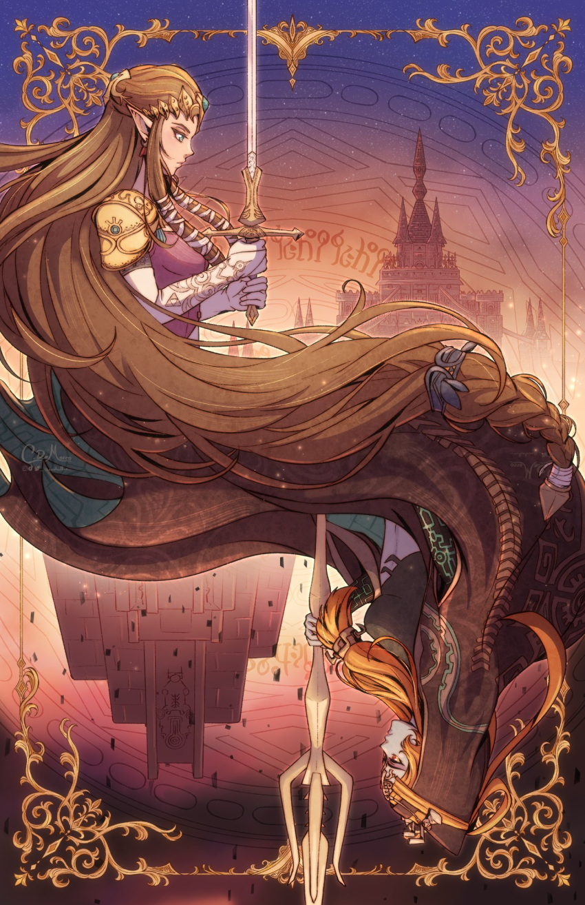 2girls, armor, blue_eyes, border, brown_hair, castle, chaendeulleo, circlet, commentary, dress, elbow_gloves, from_side, gloves, highres, holding, holding_sword, holding_weapon, inset_border, long_hair, midna, midna_(true), multiple_girls, orange_hair, ornate_border, pointy_ears, princess_zelda, purple_dress, shoulder_armor, spoilers, sword, the_legend_of_zelda, the_legend_of_zelda:_twilight_princess, two-handed, very_long_hair, weapon, white_gloves