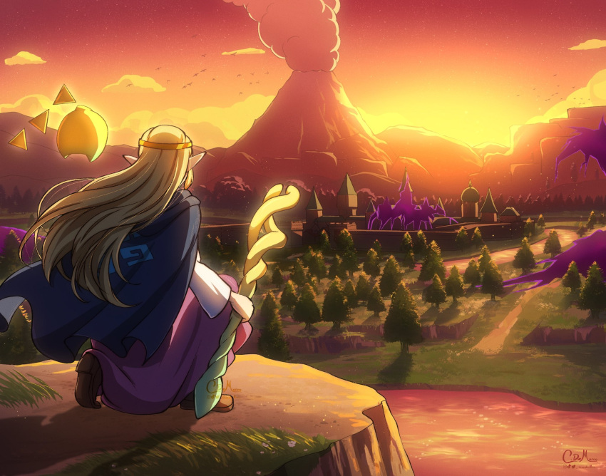 1girl, artist_name, black_cape, blonde_hair, cape, chaendeulleo, cliff, commentary