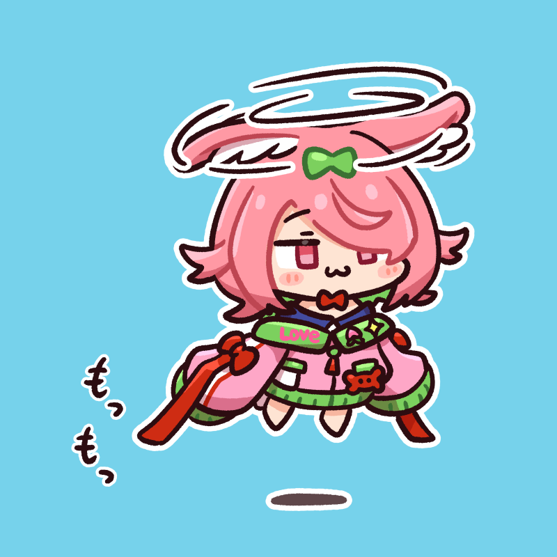 1girl, :3, aircraft, animal_ears, azuchi_momo, azuchi_momo_(1st_costume), bare_shoulders, blue_background, blush_stickers, border, bow, bowtie, chibi, chibi_only, closed_mouth, colored_inner_hair, flying, green_bow, green_jacket, hair_bow, hair_over_one_eye, helicopter, jacket, jitome, kaniyama_(azuchi_momo), long_sleeves, medium_hair, multicolored_hair, nijisanji, pink_eyes, pink_hair, pink_jacket, pongari, rabbit_ears, rabbit_girl, red_bow, red_bowtie, simple_background, sleeves_past_fingers, sleeves_past_wrists, smile, solo, spinning, two-tone_hair, virtual_youtuber, white_border