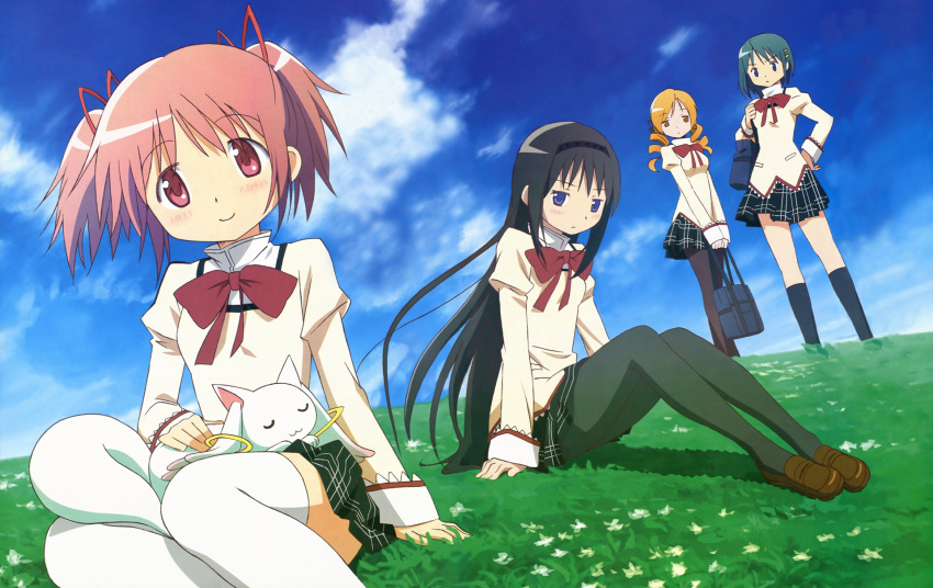 :3, akemi_homura, bag, black_hair, black_legwear, blonde_hair, blue_eyes, blue_hair, blush, bow, closed_eyes, cloud, clouds, drill_hair, ears, eyes_closed, four_girls, grass, hair_bow, hair_ornament, hairband, hairclip, highres, kaname_madoka, kyubey, lap_pillow, long_hair, long_sleeves, mahou_shoujo_madoka_magica, miki_sayaka, multiple_girls, official_art, pantyhose, pink_eyes, pink_hair, plaid, plaid_skirt, purple_eyes, school_uniform, shigetaka_kimura, short_hair, sitting, skirt, sky, sleeping, smile, tail, takahashi_mika, tartan, thigh-highs, thighhighs, tomoe_mami, twintails, violet_eyes, white_legwear, yellow_eyes, zettai_ryouiki