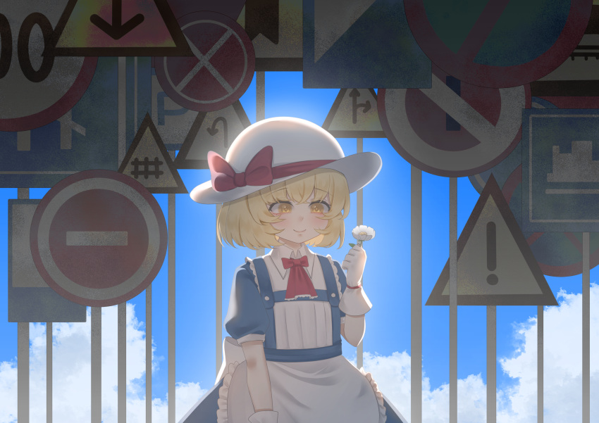 1girl, absurdres, apron, ascot, back_bow, blonde_hair, blue_dress, blue_sky