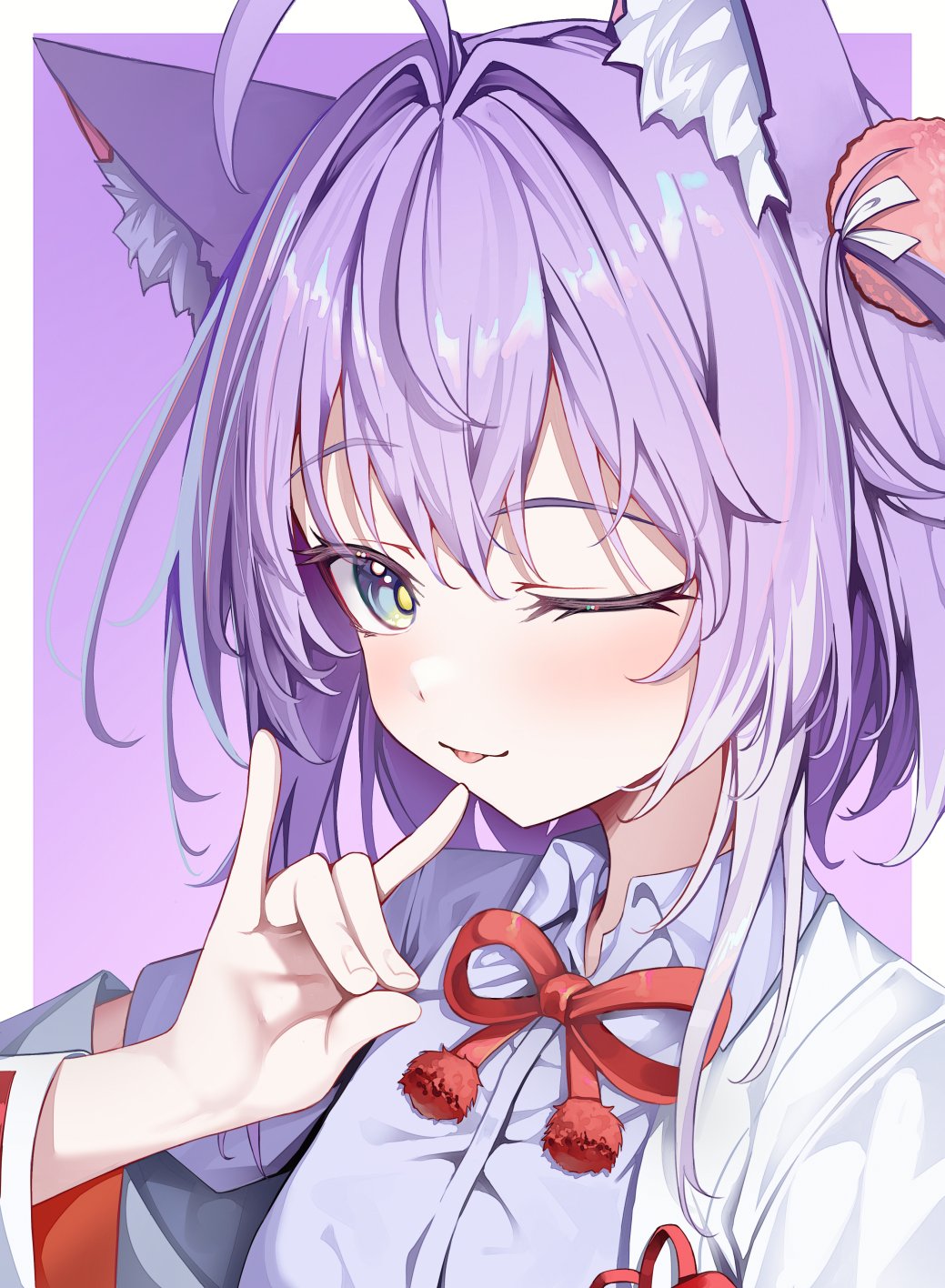 1girl, ahoge, animal_ear_fluff, animal_ears, blue_eyes, blue_shirt, border, bow
