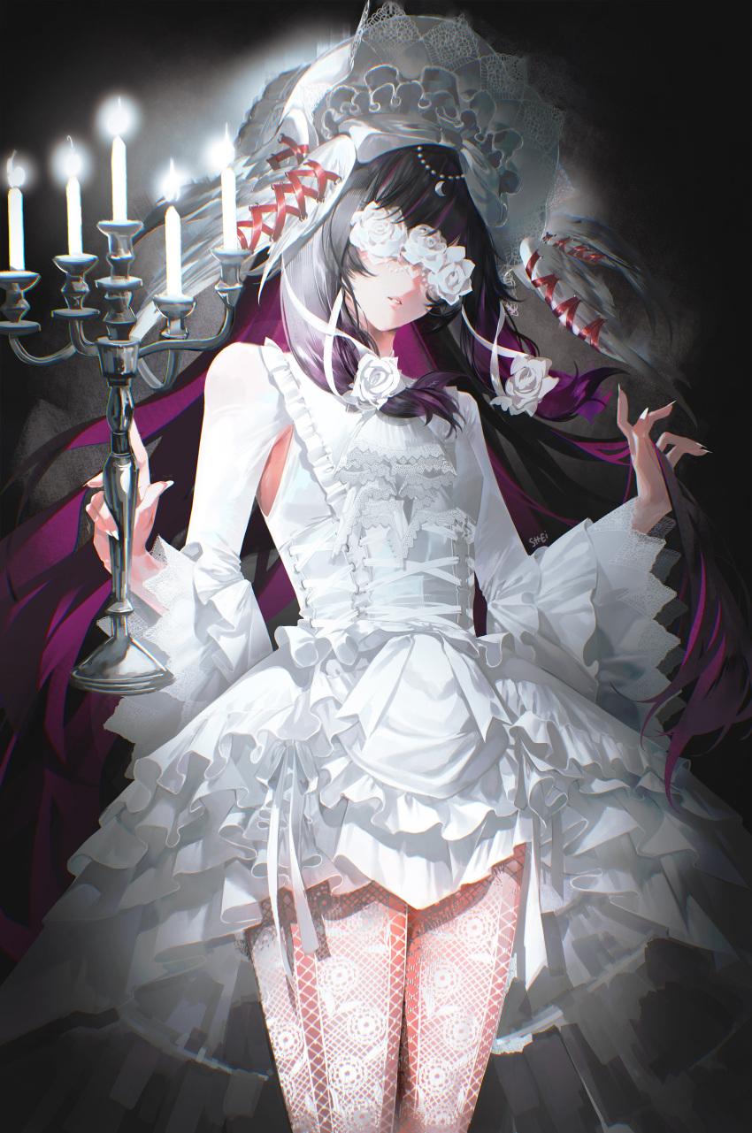 1girl, absurdres, alternate_costume, black_hair, bonnet, candle, candlestand, columbina_(genshin_impact)