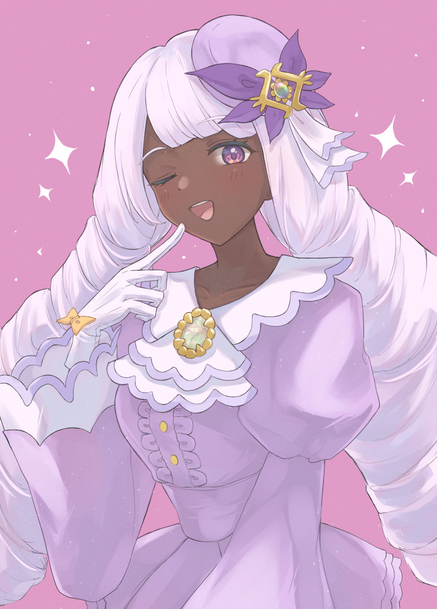 1girl, ;d, absurdres, collarbone, dark-skinned_female, dark_skin, dress, eyelashes, gloves, hand_up, happy, highres, jacinthe_(pokemon), long_hair, long_sleeves, mixed-language_commentary, one_eye_closed, open_mouth, pokemon, pokemon_legends:_z-a, puffy_sleeves, purple_background, purple_dress, sangria, smile, solo, sparkle, teeth, tongue, upper_teeth_only, violet_eyes, white_gloves
