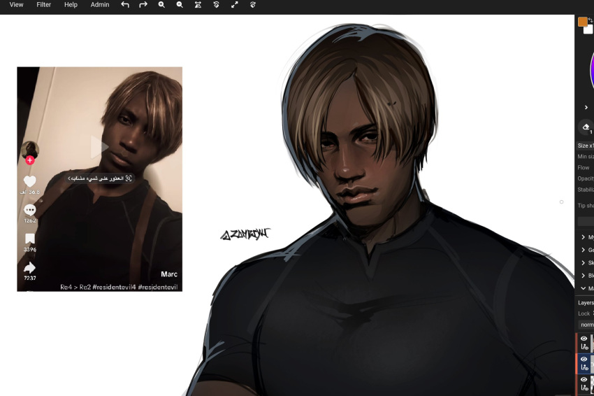1boy, aegyo_sal, alternate_skin_color, arabic_text, art_program_in_frame, artist_name, black_eyes, black_shirt, brown_hair, commentary, compression_shirt, covered_pectorals, dark-skinned_male, dark_skin, darkened_skin, english_commentary, forehead, highres, large_pectorals, leon_s._kennedy, lips, looking_at_viewer, magma_(medium), magma_(software), middle_part, nose, parted_bangs, pectorals, photo_inset, realistic, reference_inset, resident_evil, resident_evil_4, shirt, short_hair, short_sleeves, simple_background, solo, taut_clothes, taut_shirt, tear_troughs, tight_clothes, tight_shirt, tiktok, toned, toned_male, upper_body, very_dark_skin, very_short_hair, white_background, zombiyh