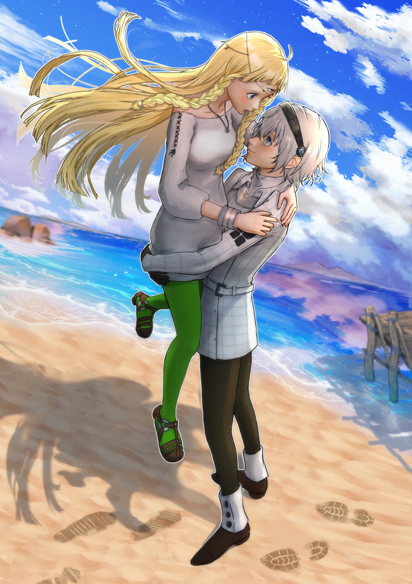 1boy, 1girl, absurdres, beach, black_hairband, black_pants, blonde_hair, blue_eyes
