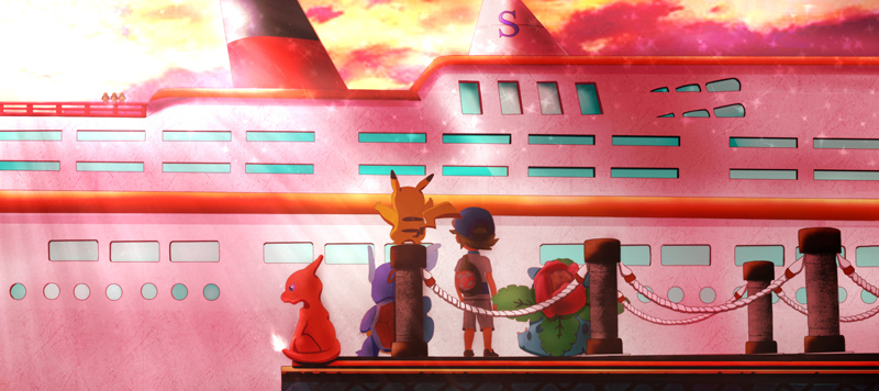 1boy, boat, charmeleon, chase_(pokemon), commentary_request, cruise_ship, fire, flame-tipped_tail