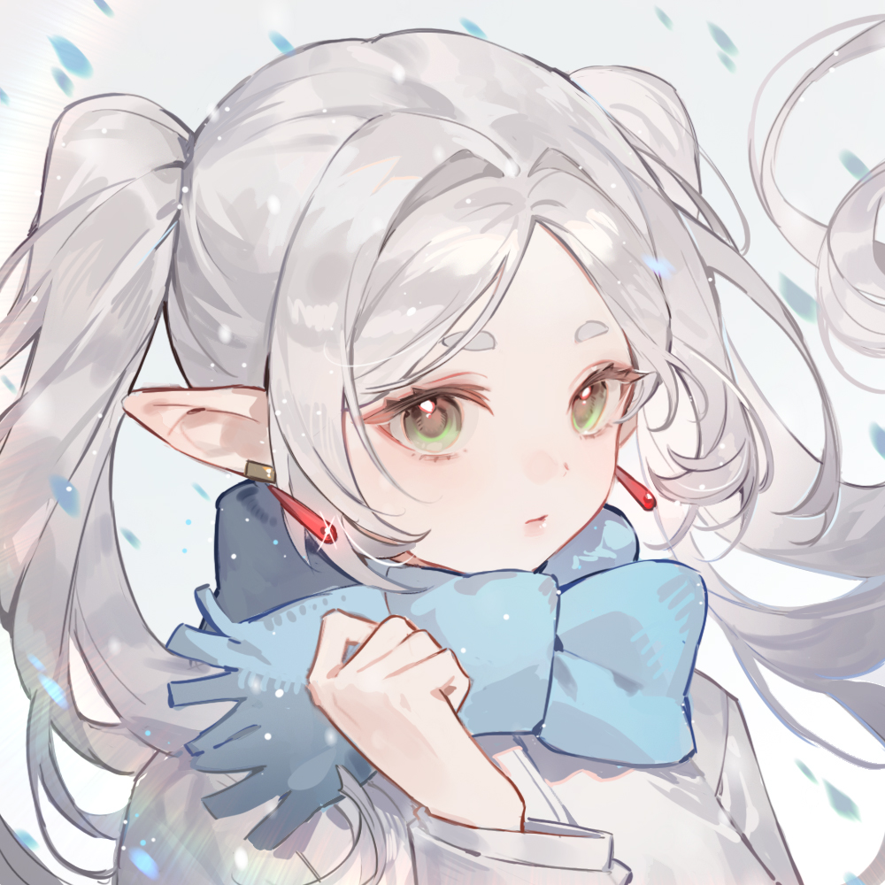 1girl, artist_name, blue_scarf, chinese_commentary, closed_mouth, commentary_request, earrings, elf