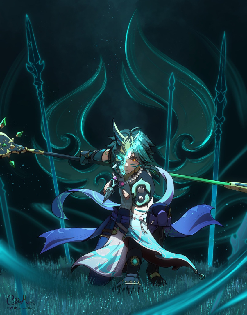 1boy, aqua_background, aqua_gloves, aqua_hair, artist_name, chaendeulleo, commentary, genshin_impact