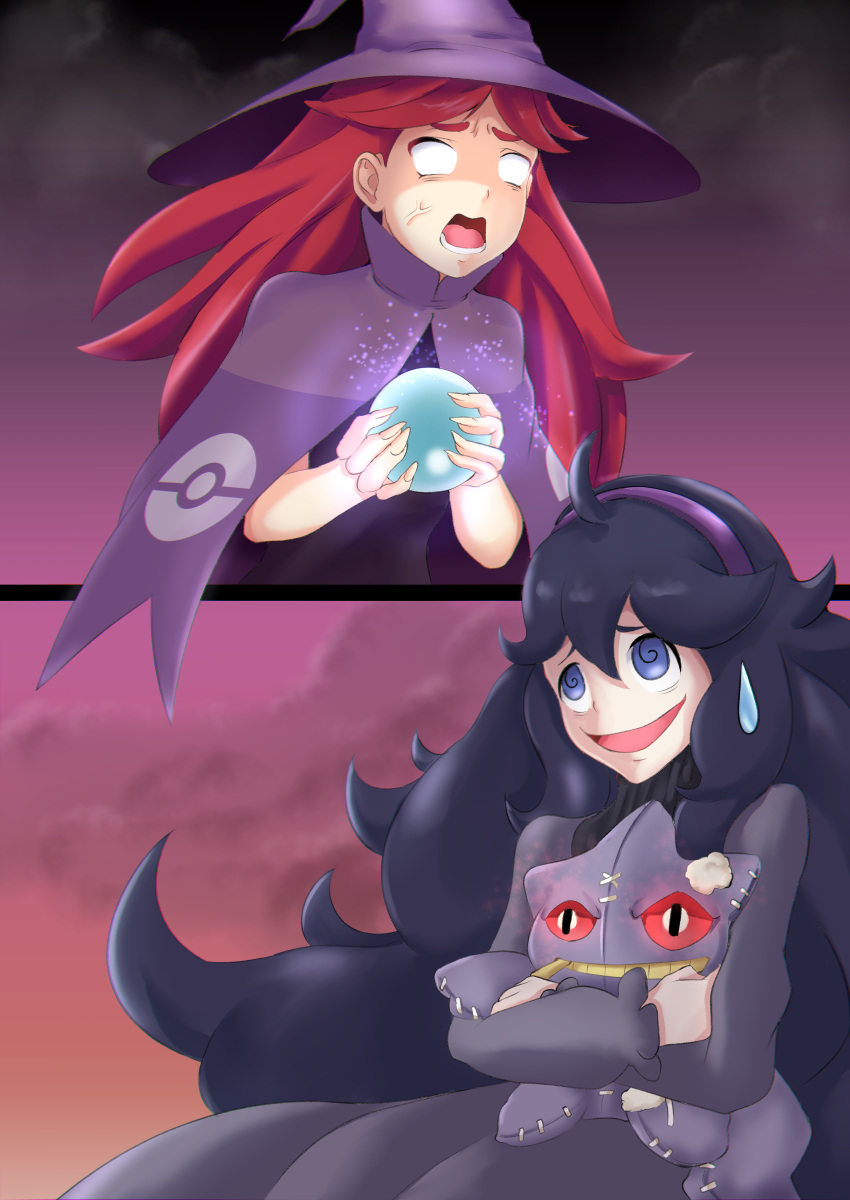 2girls, absurdres, banette, black_dress, blank_eyes, commentary, crystal_ball, dress