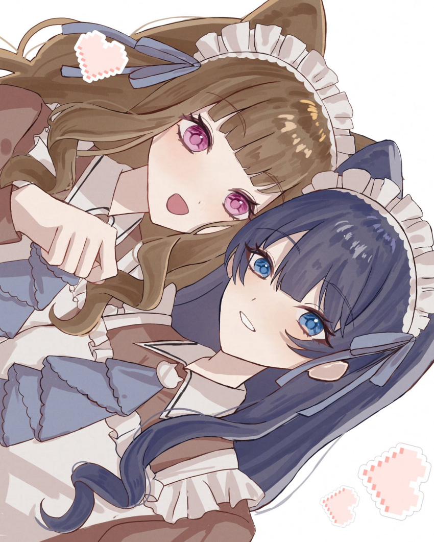 2girls, :d, animal_ears, apron, blue_eyes, blue_hair, blue_ribbon, blunt_bangs