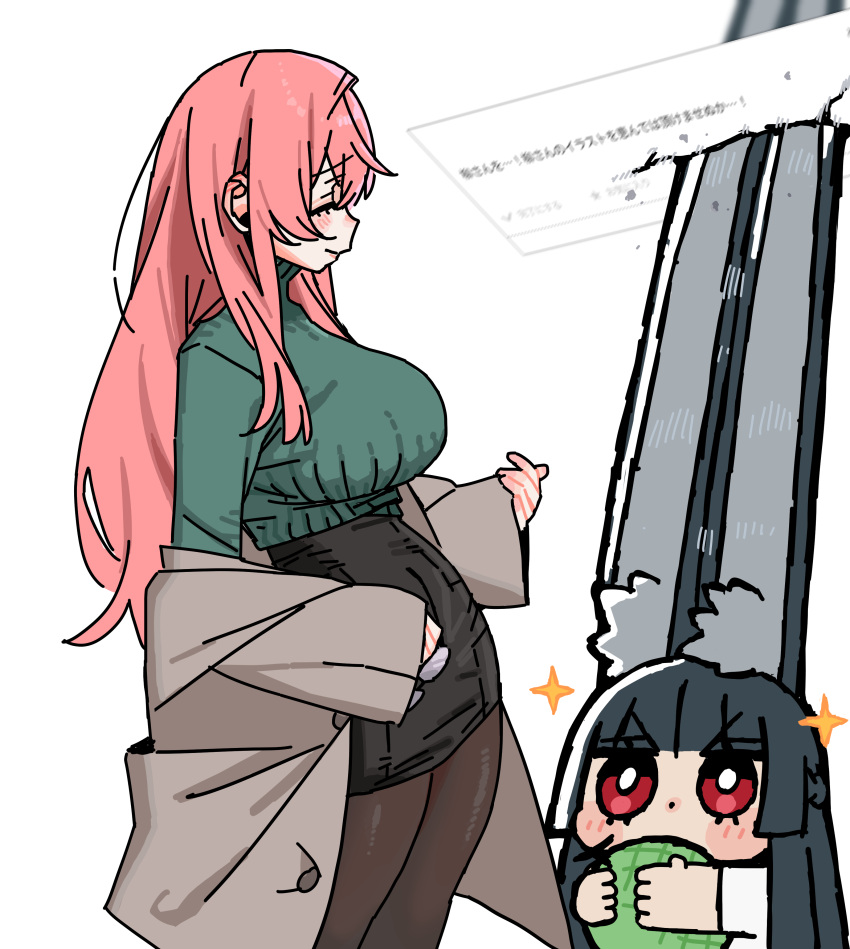 2girls, absurdres, alternate_costume, andii_(anzai_teachco), animal_ear_fluff, animal_ears, black_hair, blunt_bangs, breasts, chibi, closed_eyes, closed_mouth, food, fox_ears, fox_girl, fruit, hair_between_eyes, highres, holding, holding_removed_eyewear, hoshimi_miyabi, large_breasts, long_hair, looking_at_another, melon, multiple_girls, pink_hair, red_hair, sidelocks, simple_background, sparkle, tsukishiro_yanagi, unworn_eyewear, white_background, zenless_zone_zero