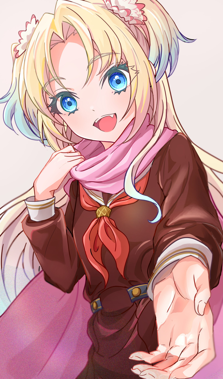 1girl, :d, absurdres, blonde_hair, blue_eyes, blue_hair, brown_dress, cape