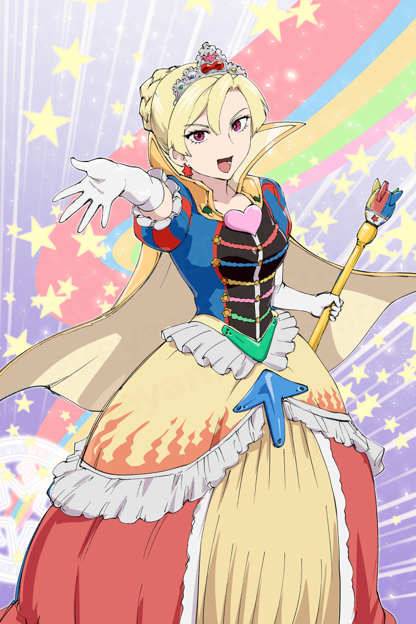 1girl, blonde_hair, cape, commentary_request, dress, earrings, elbow_gloves, gloves