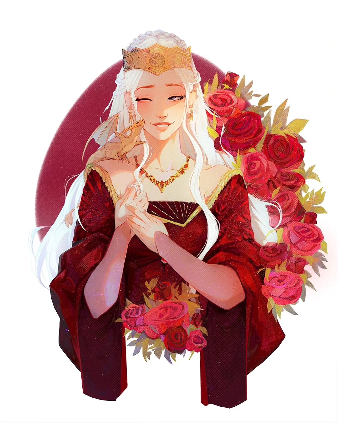 1girl, a_song_of_ice_and_fire, artist_request, collarbone, crown, dragon, dress, flower