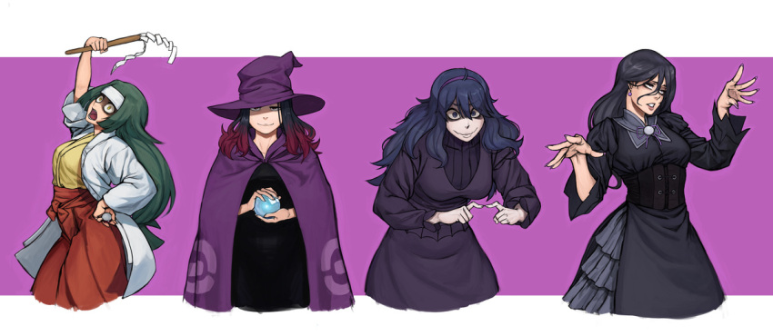 4girls, arm_up, ball, black_corset, black_dress, black_hair, breasts, cape, channeler_(pokemon), closed_mouth, colored_tips, commentary, corset, crazy_eyes, cropped_legs, crystal_ball, dress, earrings, english_commentary, fingernails, green_hair, hand_on_own_hip, hat, headband, hex_maniac_(pokemon), hex_maniac_(pokemon_legends:_z-a), hex_maniac_(pokemon_rse), holding, holding_ball, holding_poke_ball, index_fingers_together, jacket, japanese_clothes, jewelry, kimono, lips, long_hair, medium_hair, multicolored_hair, multiple_girls, neck_ribbon, open_clothes, open_jacket, open_mouth, pale_skin, poke_ball, poke_ball_(basic), pokemon, pokemon_lgpe, pokemon_rse, purple_cape, purple_hair, purple_hat, red_hair, red_sash, ribbon, sash, simple_background, smile, teeth, violet_eyes, wavy_mouth, white_headband, white_jacket, witch_hat, yellow_eyes, zomboyaku