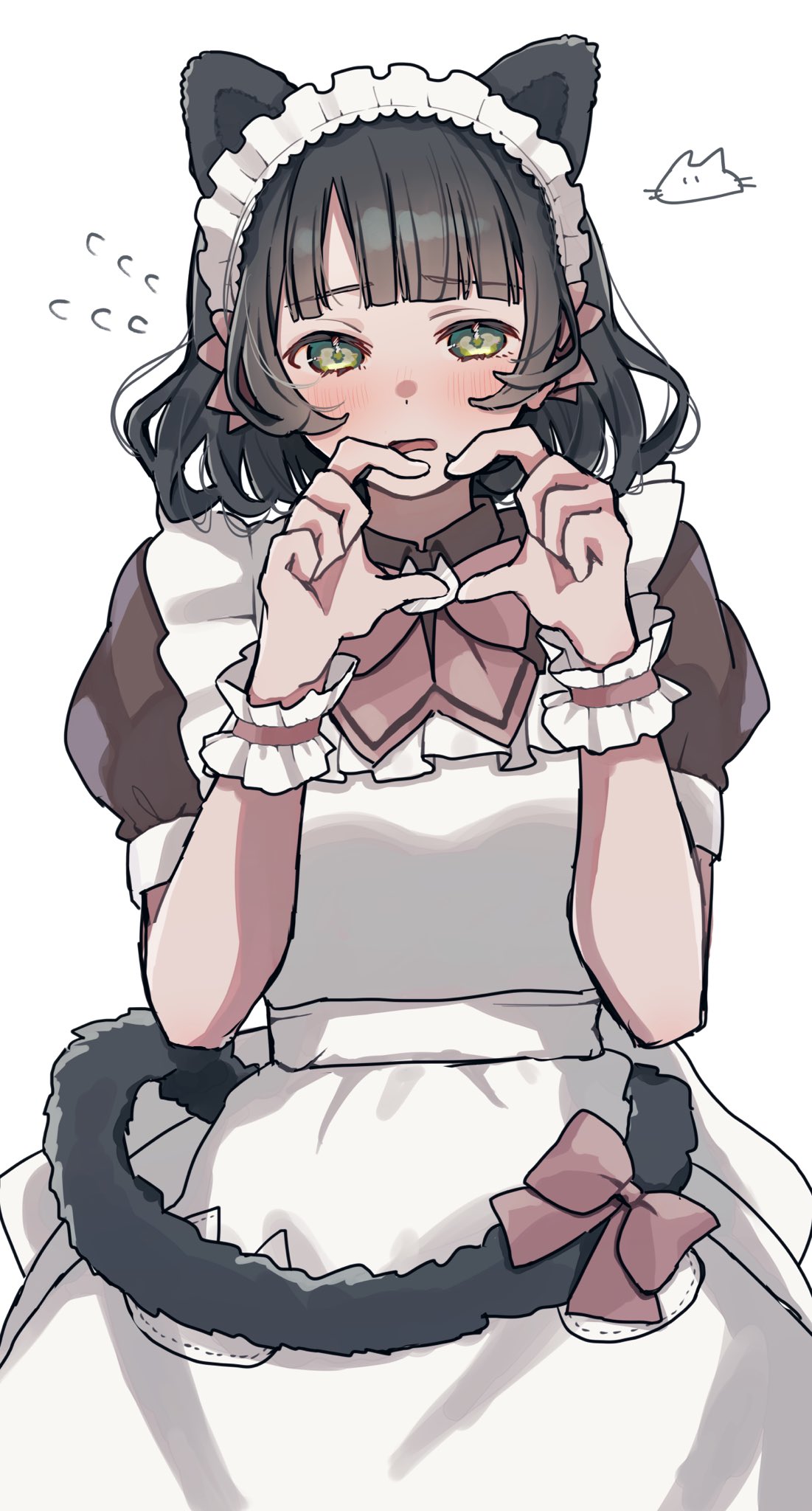 1girl, animal_ears, apron, black_hair, blunt_bangs, brown_dress, cat_ears, cat_tail