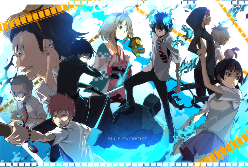 beads, black_hair, blonde_hair, blue_eyes, blue_fire, blue_flame, character_request, earrings