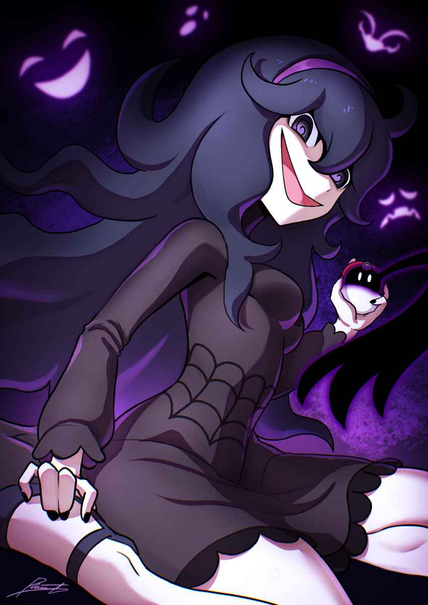 1girl, :o, @_@, black_dress, breasts, commentary, crazy_eyes, crazy_smile
