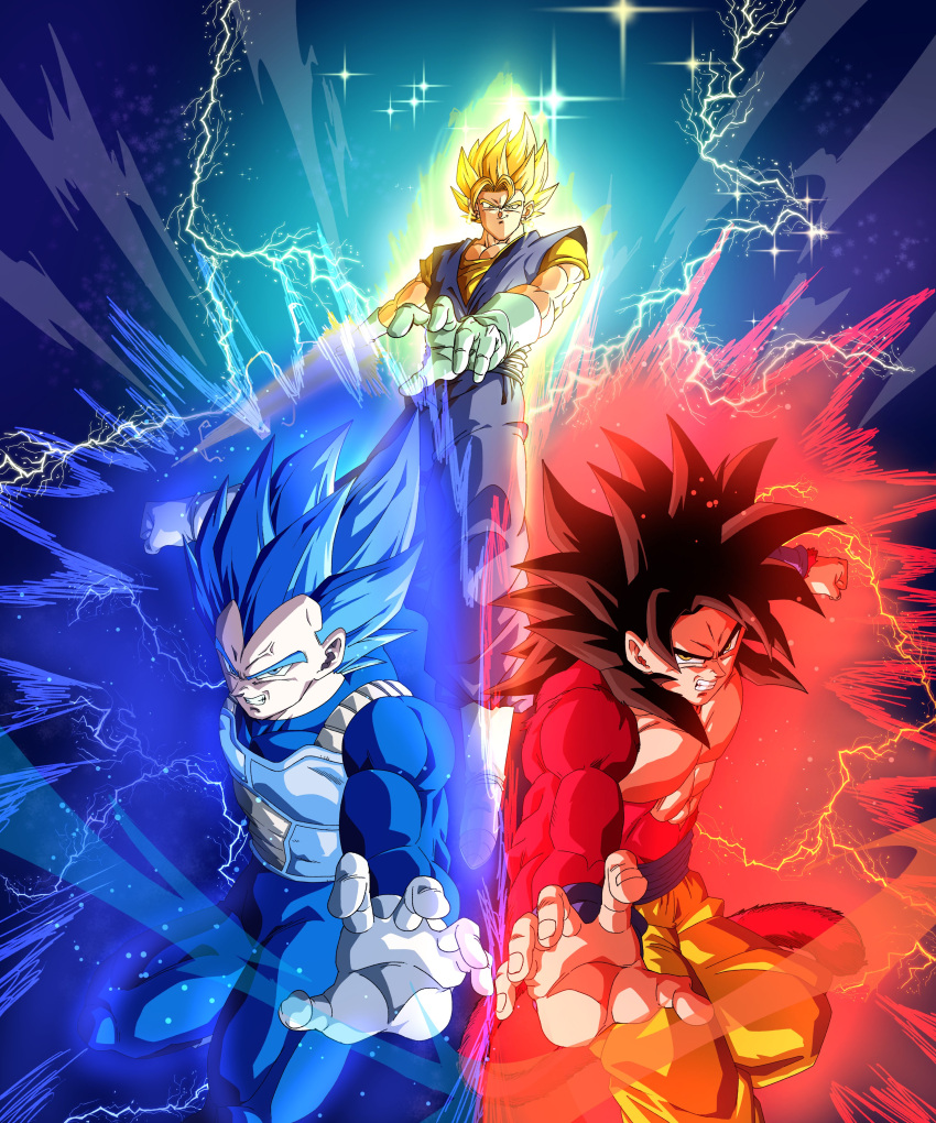 absurdres, arm_blade, blue_eyes, blue_hair, blue_sash, boots, dougi, dragon_ball