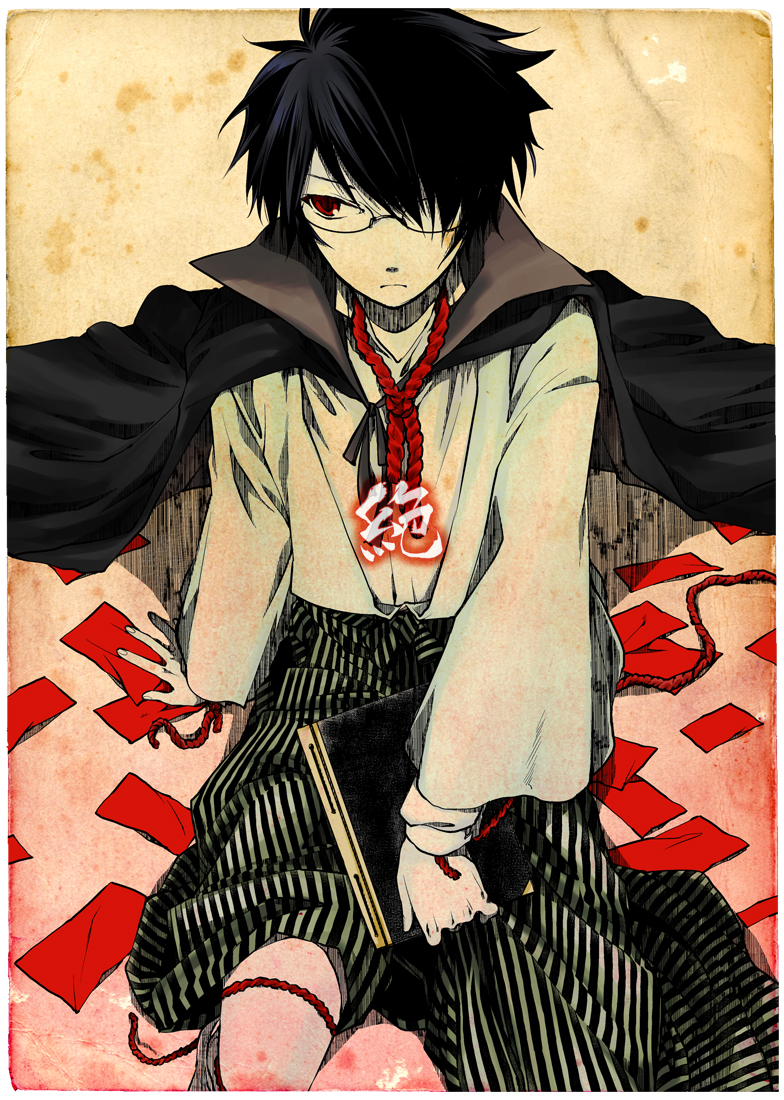 1boy, black_cape, cape, commentary_request, faux_traditional_media, feet_out_of_frame, glasses, green_hakama