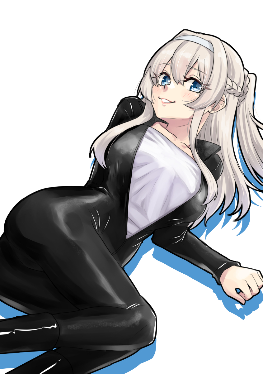1girl, biker_clothes, bikesuit, black_bodysuit, blonde_hair, blue_eyes, bodysuit, braid