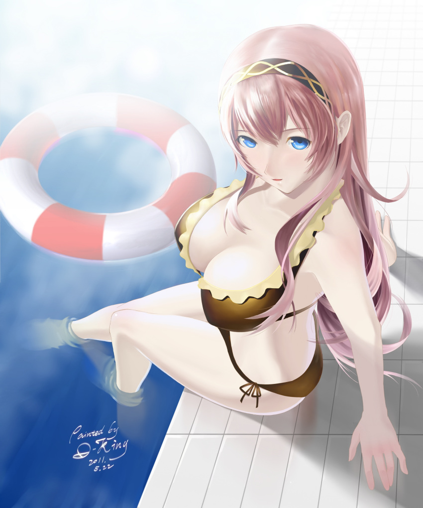 1girl, arm_support, bikini, blue_eyes, breasts, cleavage, from_above, hairband, highres, innertube, large_breasts, long_hair, looking_at_viewer, megurine_luka, okingjo, pink_hair, pool, poolside, project_diva, project_diva_(series), side-tie_bikini, signature, sitting, solo, swimsuit, vocaloid
