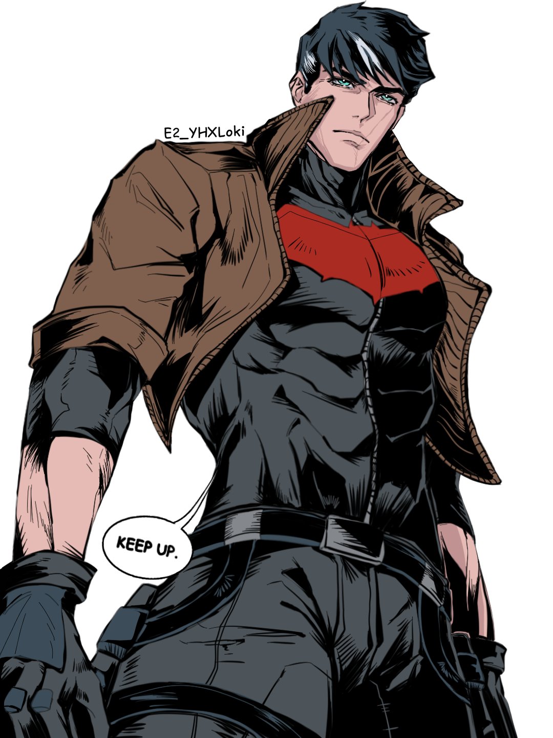 1boy, bat_signal, batman_(series), batman_symbol, black_bodysuit, black_gloves, black_hair, blue_eyes