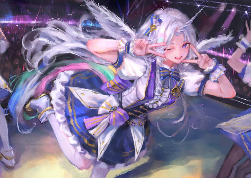 1girl, 2others, absurdres, audience, ayatsuno_yuni, blue_bow, blue_bowtie, blue_eyes