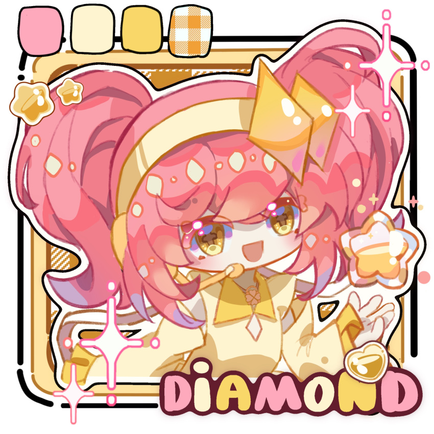+_+, 1girl, above-cleavage_cutout, amulet_dia, bare_shoulders, border, character_name, chibi