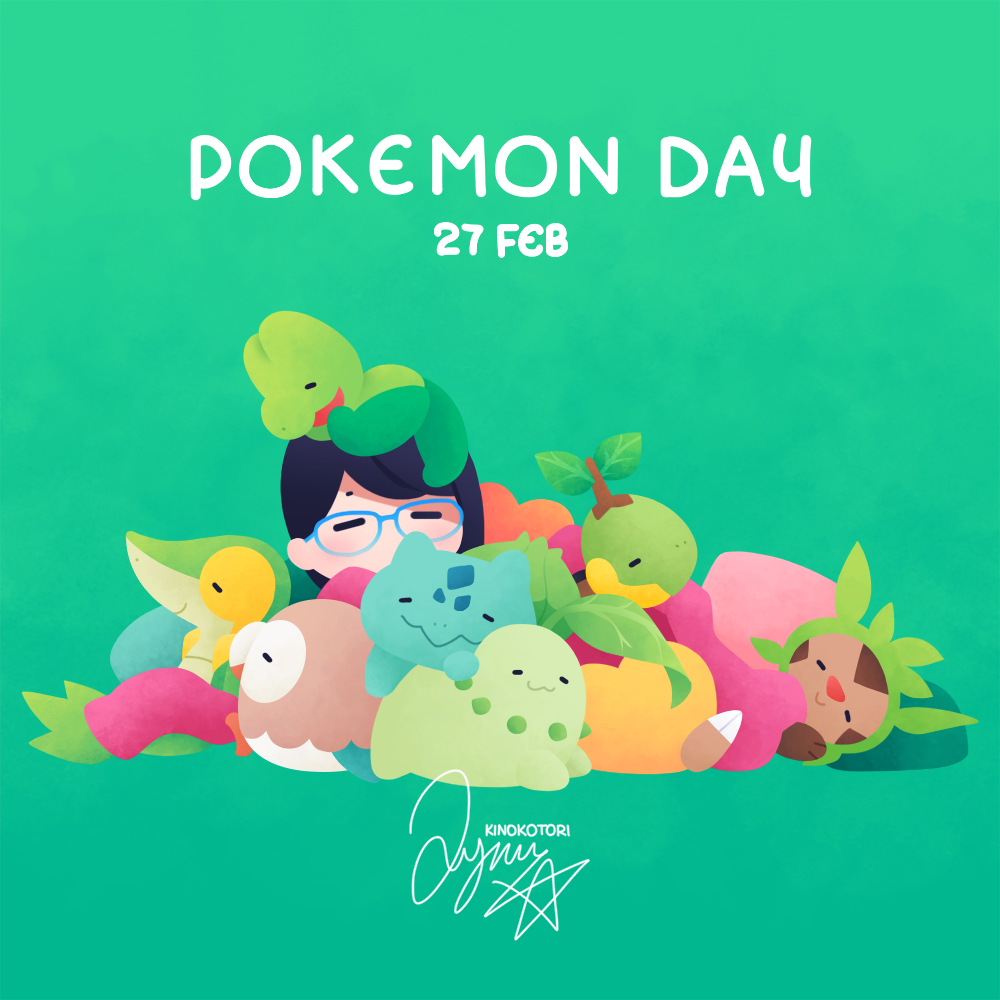 1girl, :3, black_hair, bulbasaur, chespin, chikorita, closed_eyes, commentary_request