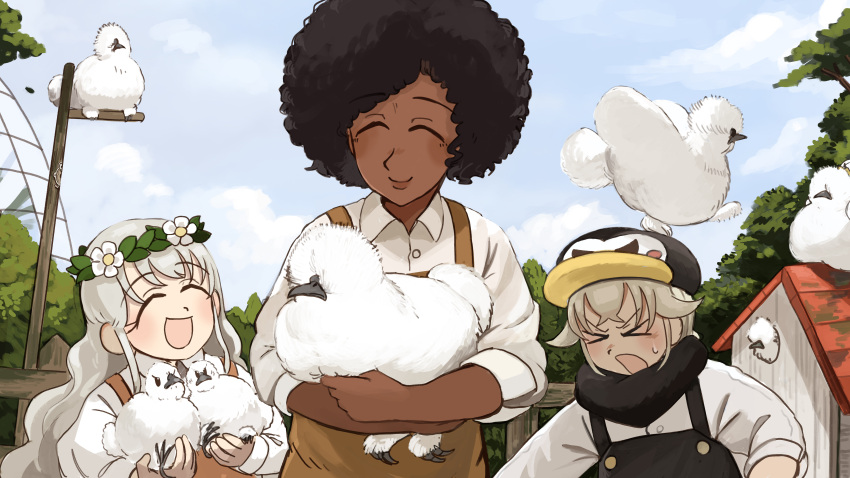 3girls, :d, absurdres, bird, black_hair, black_overalls, black_scarf, brown_overalls, capybara_keeper_(diva), curly_hair, dark-skinned_female, dark_skin, diva_(hyxpk), donut_stamp, duck, english_commentary, grey_hair, hat, highres, long_hair, multiple_girls, orange_overalls, overalls, penguin_hat, penguin_keeper_(diva), rabbit_keeper_(diva), scarf, shirt, short_hair, silkie_chicken, smile, white_shirt, zoo, zookeeper, zookeepers_(diva)