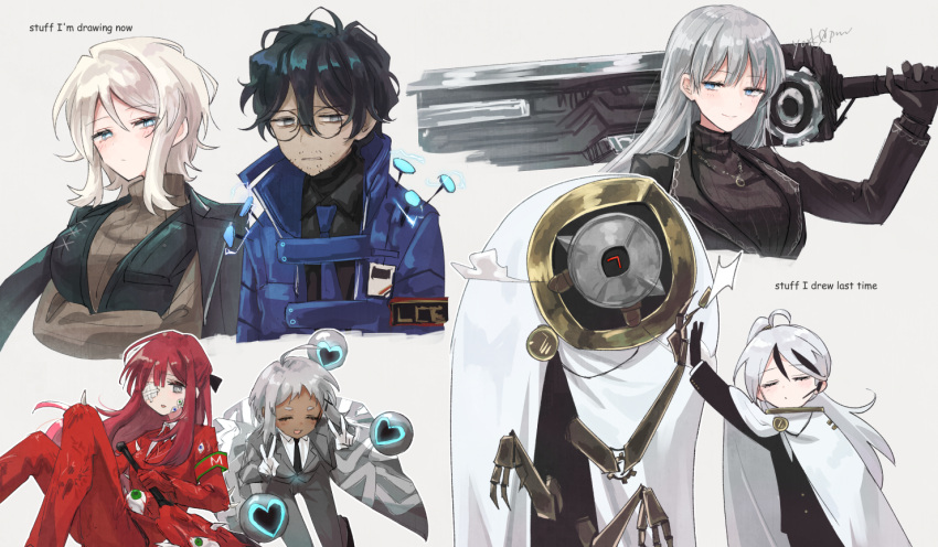 2boys, 5girls, aedd_(e.g.o), ahoge, angelica_(project_moon), aya_(project_moon), black_eyes, black_gloves