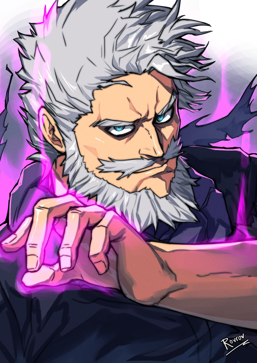 1boy, beard, blue_eyes, boku_no_hero_academia, facial_hair, full_beard, gentle_criminal, grey_hair