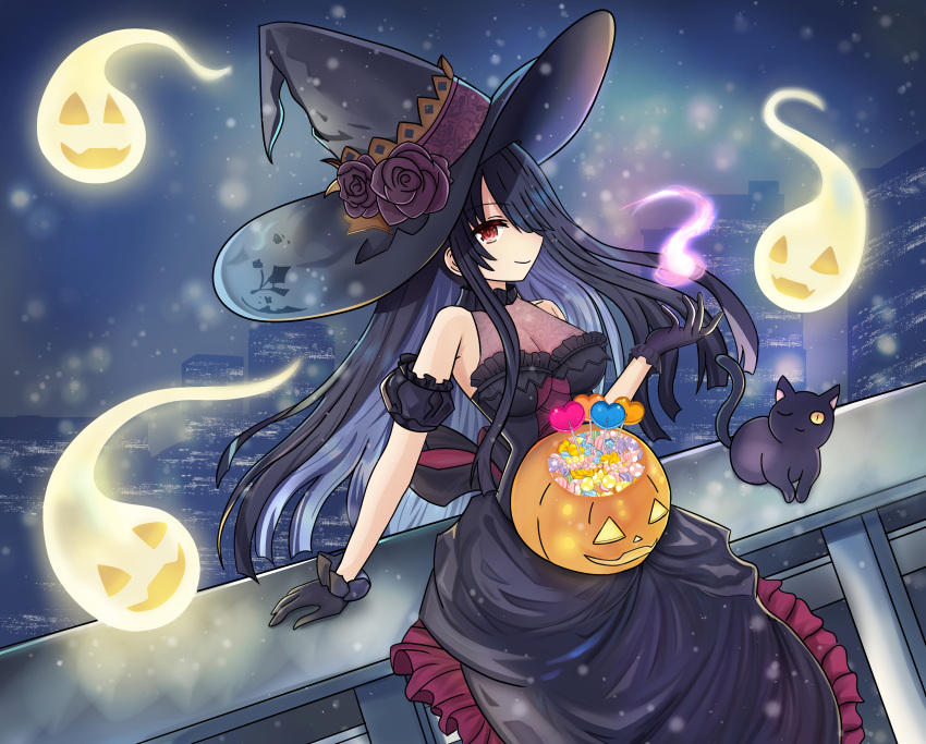 1girl, absurdres, alternate_costume, black_cat, black_dress, black_gloves, black_hair, breasts, candy, candy_wrapper, cat, date_a_live, dress, food, ghost, gloves, halloween, halloween_bucket, hat, highres, long_hair, medium_breasts, outdoors, red_eyes, smile, tokisaki_kurumi, witch, witch_hat, xdlloyd091x