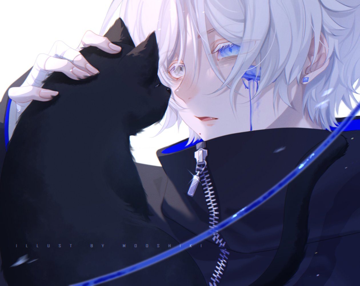 1boy, black_cat, black_coat, blue_eyes, cat, coat, commentary, earrings
