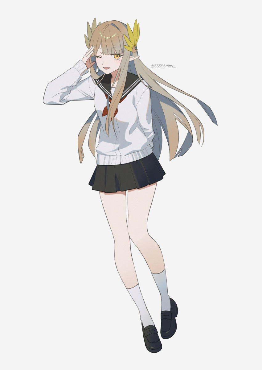 1girl, 55555may, ;d, absurdres, arknights, arm_behind_back, black_sailor_collar, black_shoes