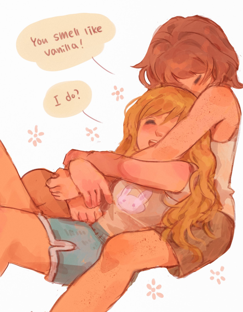 2girls, animal_print, blue_shorts, brown_hair, closed_eyes, commentary, couple, cuddling