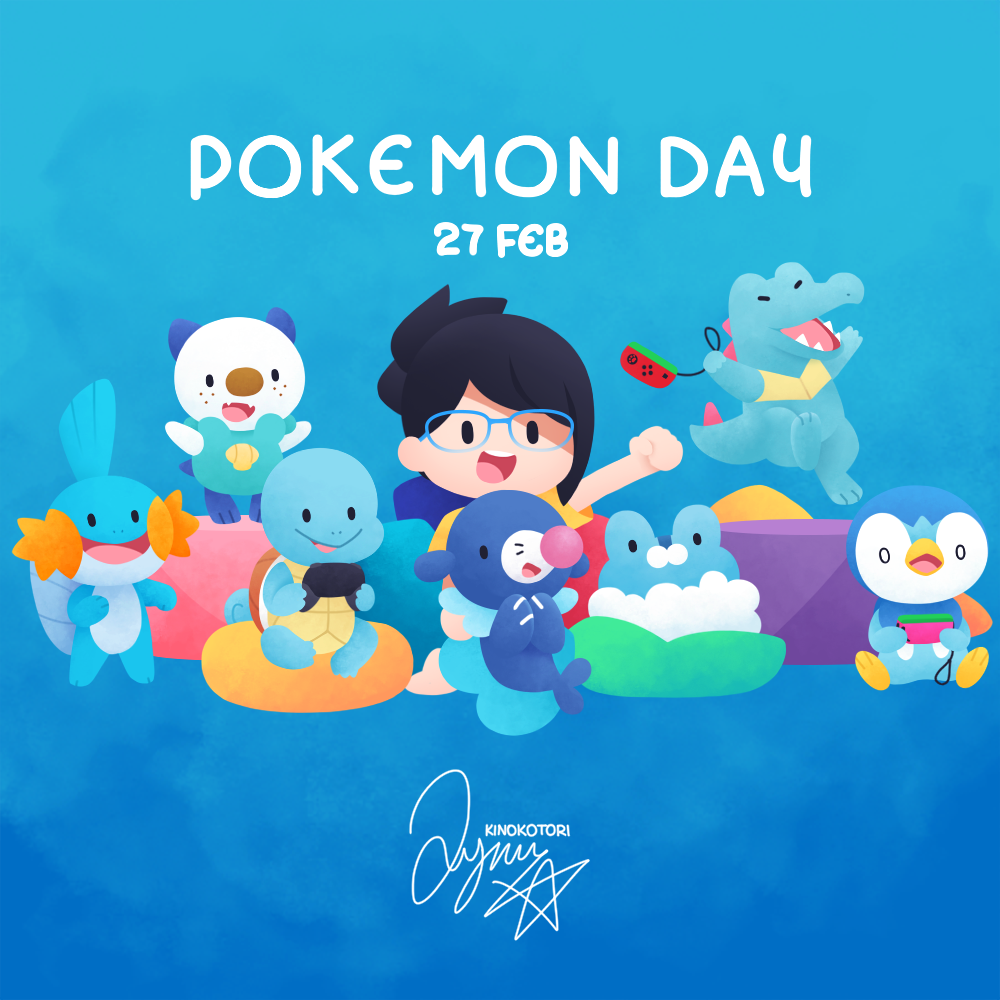 arm_up, black_hair, blue_background, controller, copyright_name, dated, froakie, game_controller