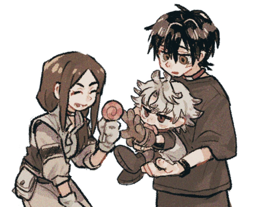 1girl, 2boys, aged_down, black_boots, black_hair, black_shirt, boots, brown_hair