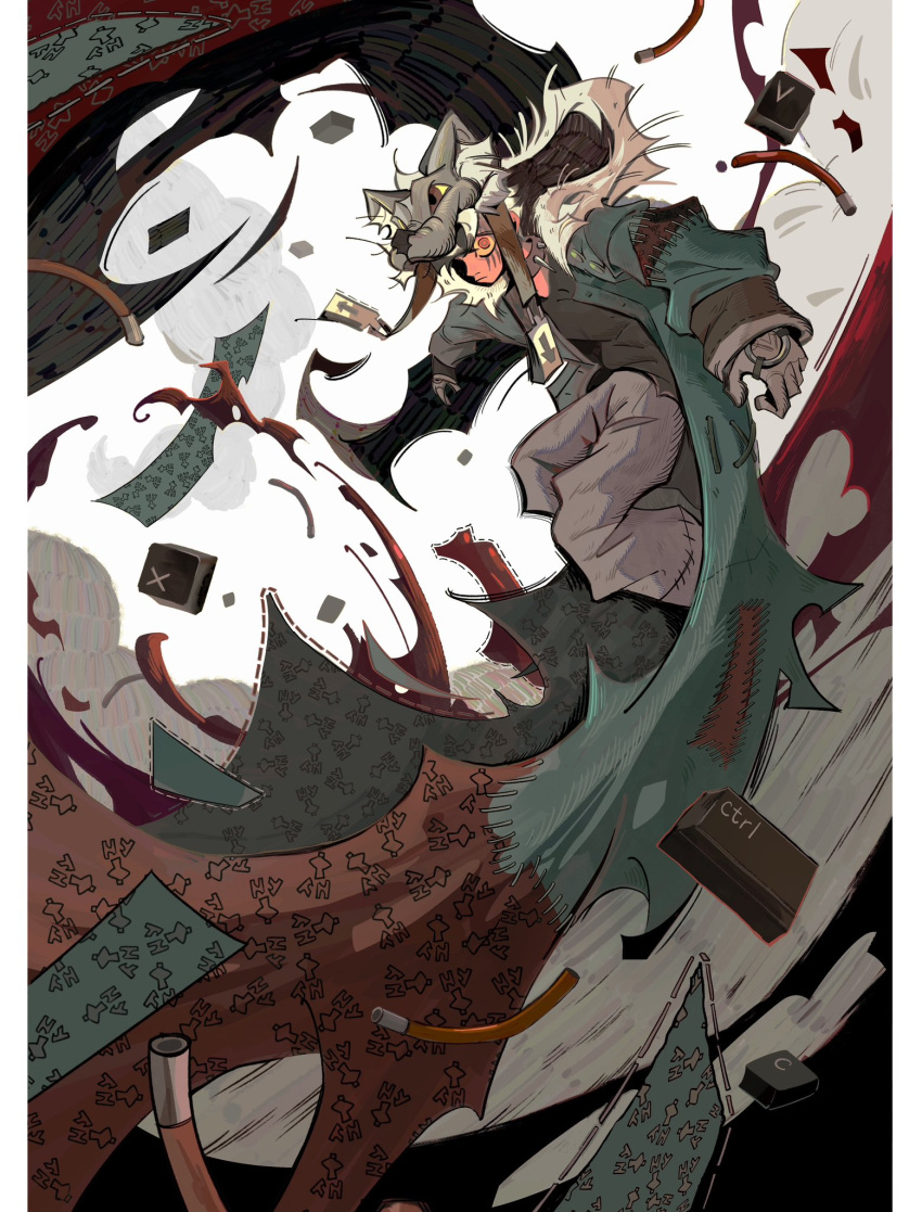 1boy, aqua_coat, black_shirt, cable, closed_mouth, coat, full_body, gachiakuta