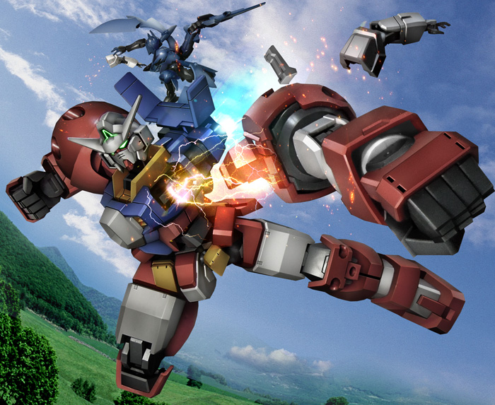 aqua_eyes, battle, blue_sky, clouds, cloudy_sky, gafran, gundam, gundam_age