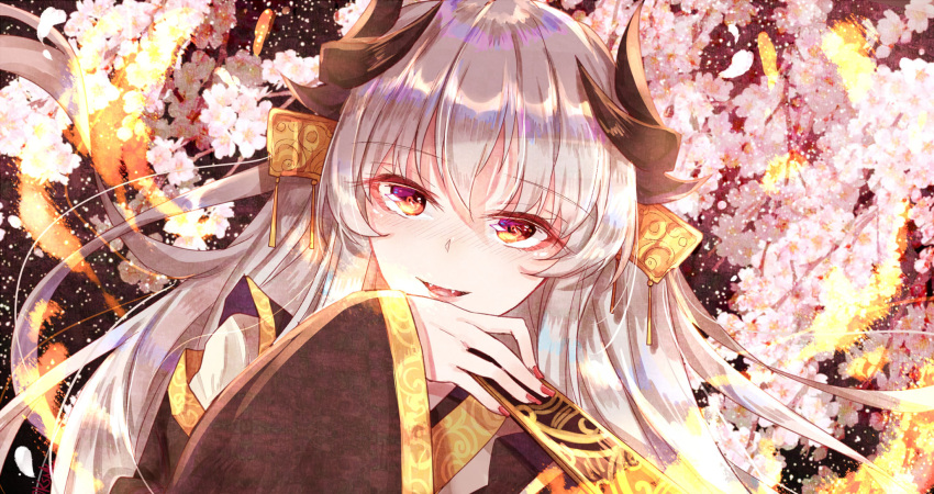 1girl, black_kimono, blush, cherry_blossoms, commentary_request, dragon_girl, dragon_horns, fate/grand_order, fate_(series), folded_fan, folding_fan, gevjon, grey_hair, hair_between_eyes, hair_ornament, hand_fan, highres, holding, holding_fan, horns, japanese_clothes, kimono, kiyohime_(fate), kiyohime_(swimsuit_lancer)_(third_ascension)_(fate), long_hair, long_sleeves, looking_at_another, looking_at_viewer, multiple_horns, open_mouth, orange_eyes, red_nails, smile, solo, very_long_hair, wide_sleeves