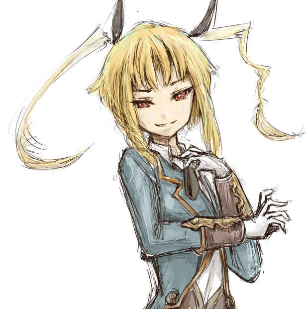blonde_hair, cosplay, long_hair, rachel_alucard, red_eyes, rotya, sketch, solo