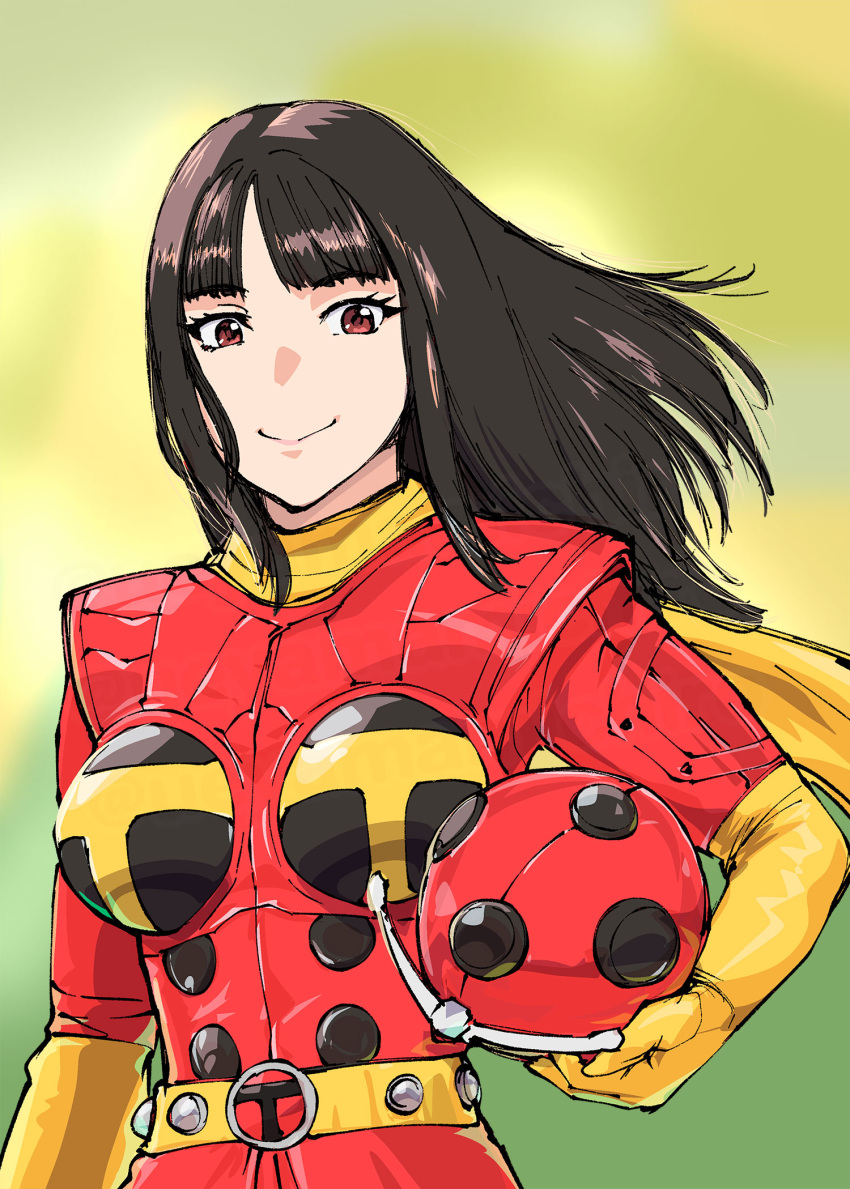 1girl, breasts, electro_wave_human_tackle, gloves, green_background, helmet, highres, holding, holding_unworn_helmet, kamen_rider, kamen_rider_dcd, medium_breasts, misaki_yuriko, movie_war_2010, red_helmet, scarf, simple_background, smile, solo, ueyama_michirou, unworn_headwear, unworn_helmet, yellow_gloves