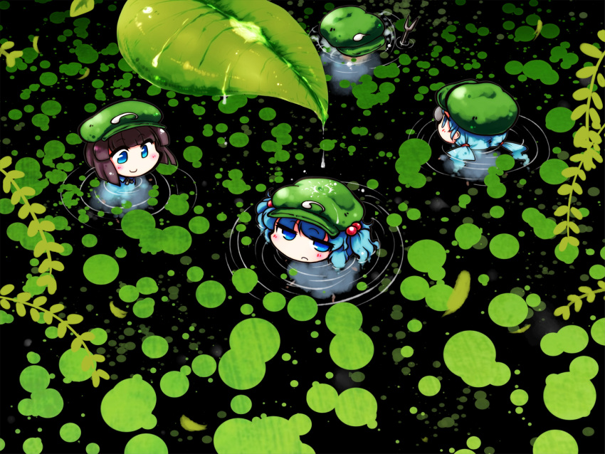 blue_dress, blue_eyes, blue_hair, bob_cut, brown_hair, dark_haired_kappa, dress, extra