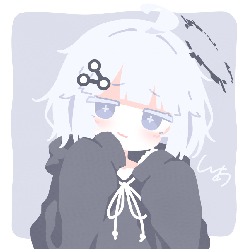 1girl, :3, ahoge, blunt_bangs, blush, border, bright_pupils, cross-shaped_pupils